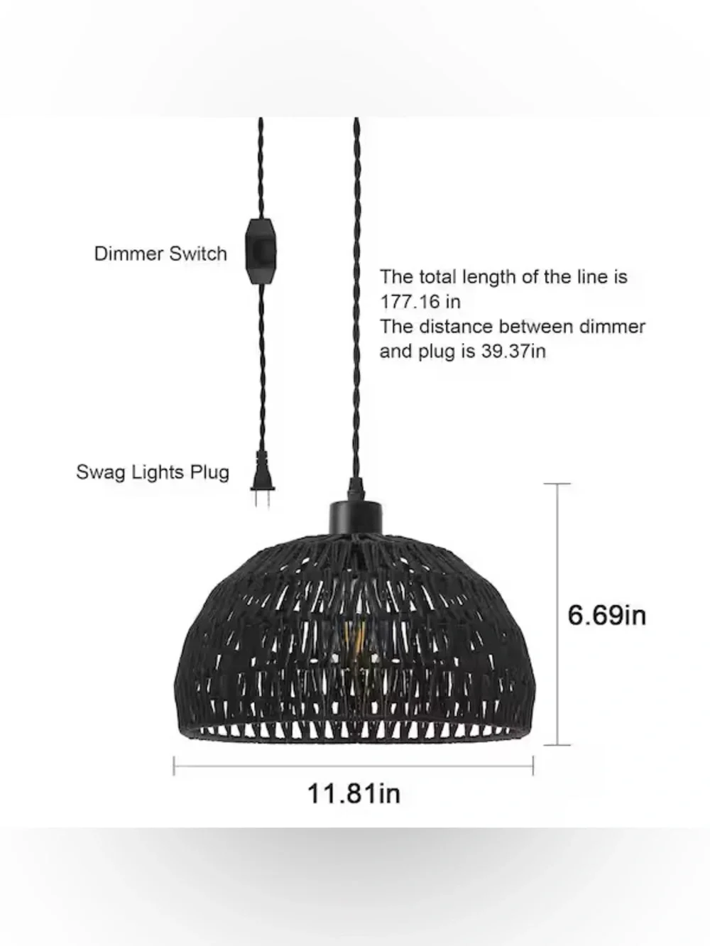 Black Rattan Plug-In Pendant Light Boho Dome Hanging Lamp